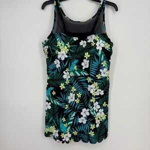 Swim Solutions Womens Sz 18 Swimdress Mesh Yoke Tummy Control Green Blue Floral